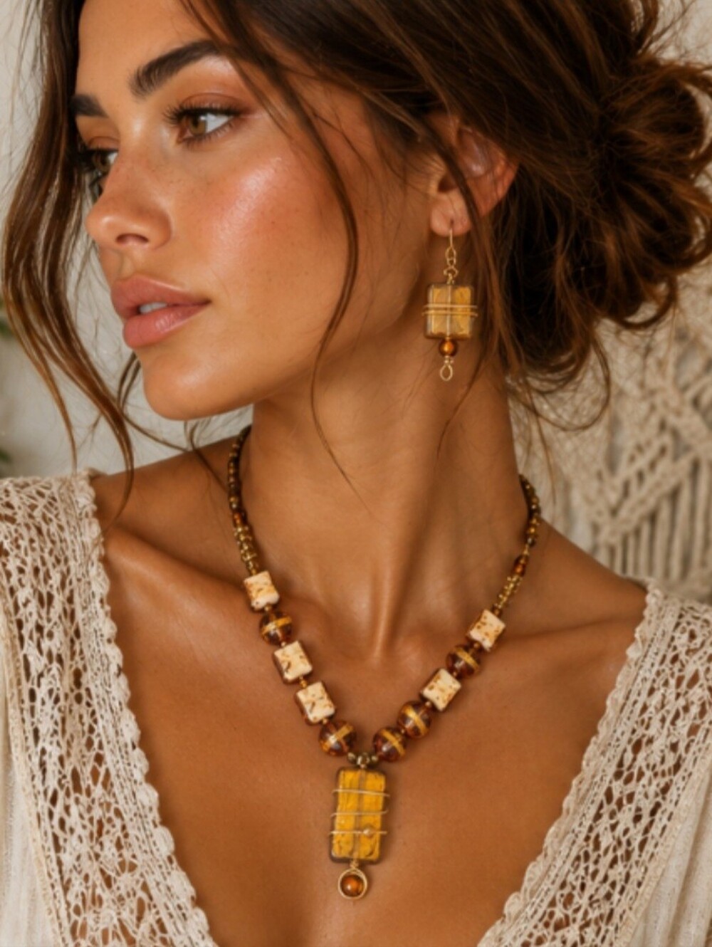 Vintage Bohemian Amber Glass Y Necklace + Earrings SET Artisan Wire Wrapped